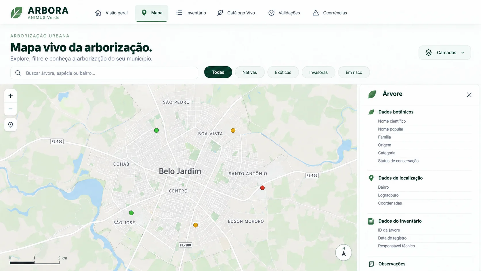 Representação de interface de inventário de árvores do ARBORA
